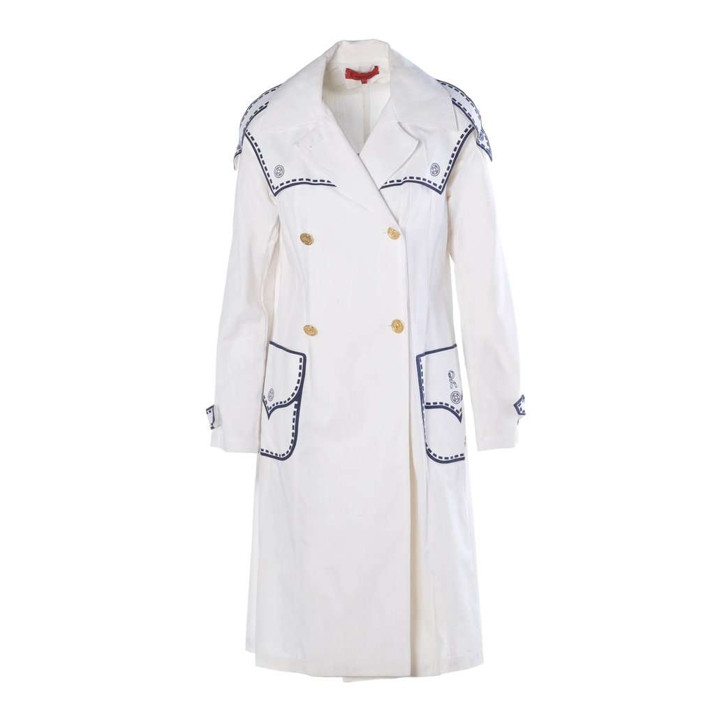 Unsigned Nautical Trompe-L'œil Cotton Coat -'70s White Wool Good - Front View