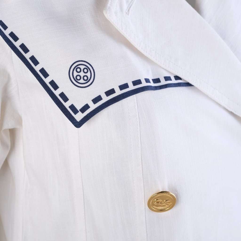Unsigned Nautical Trompe-L'œil Cotton Coat -'70s White Wool Good - Box View
