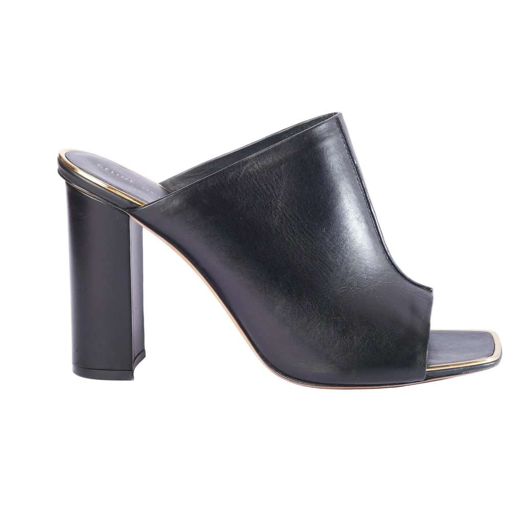 Celine Black Leather Flat Slides With Gold-Tone Details - '10s Black Leather Good - Front View