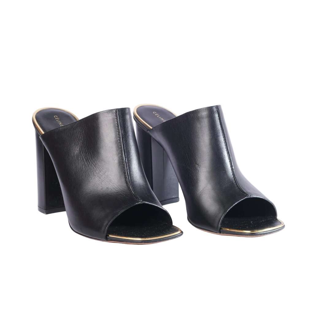 Celine Black Leather Flat Slides With Gold-Tone Details - '10s Black Leather Good - Back View