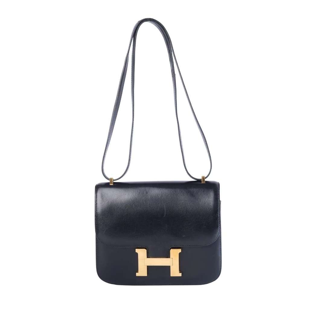 Hermès Constance 18 Black Box Calfskin Shoulder Bag - '80s Black Leather Good - Front View