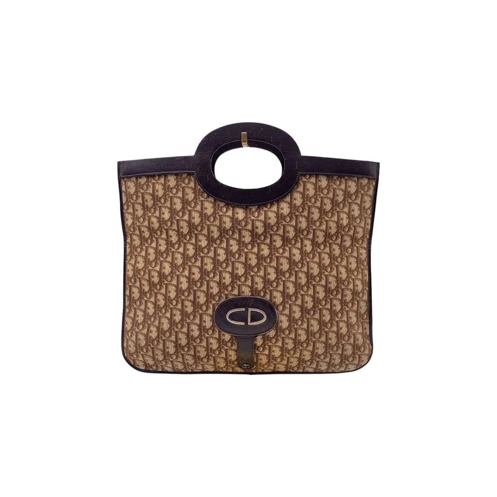 Dior Clutch Bag Vintage Trotter Brown Canvas Good - Front View