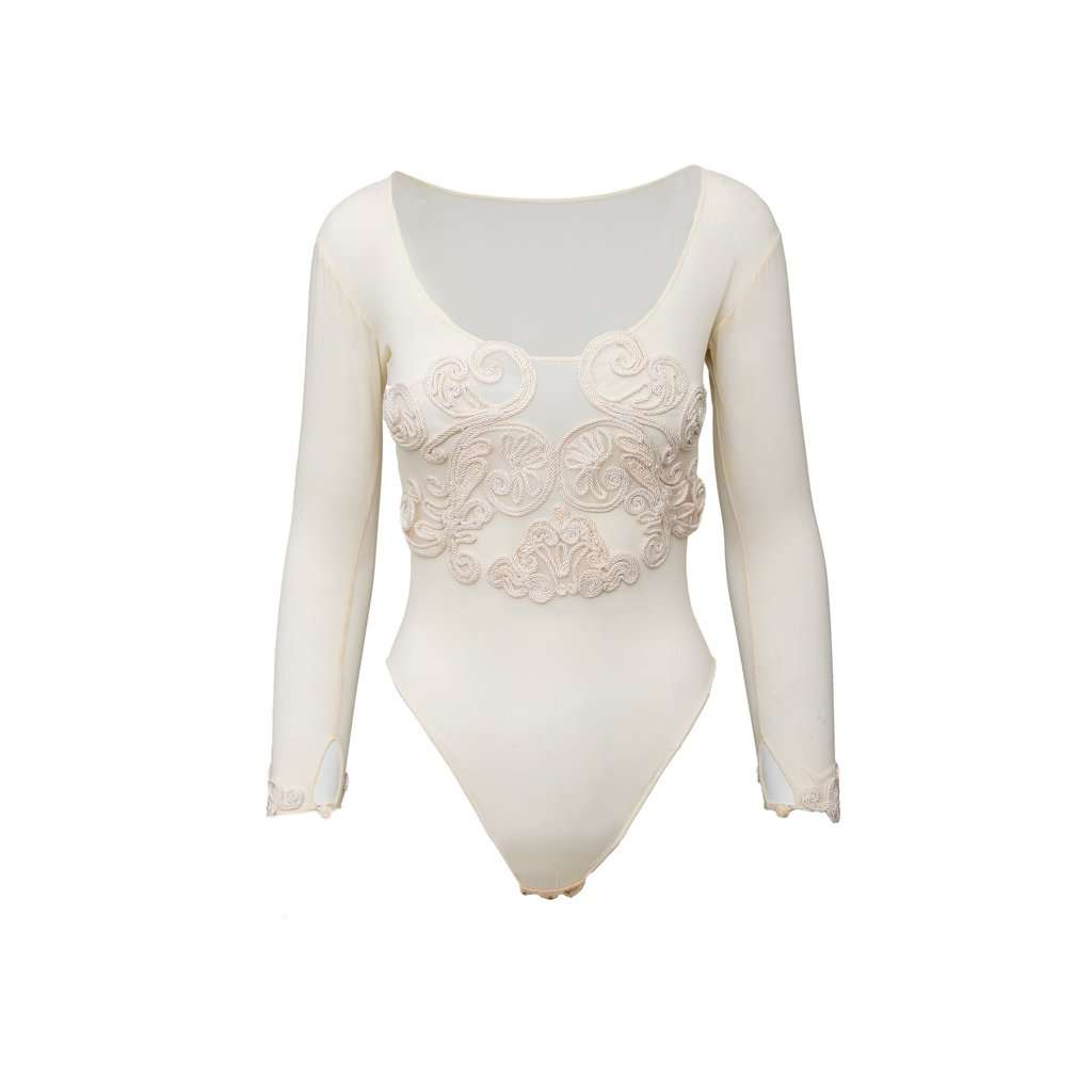 Unsigned Embroidered Bodysuit - '90s MultiColor Lace Good - Front View