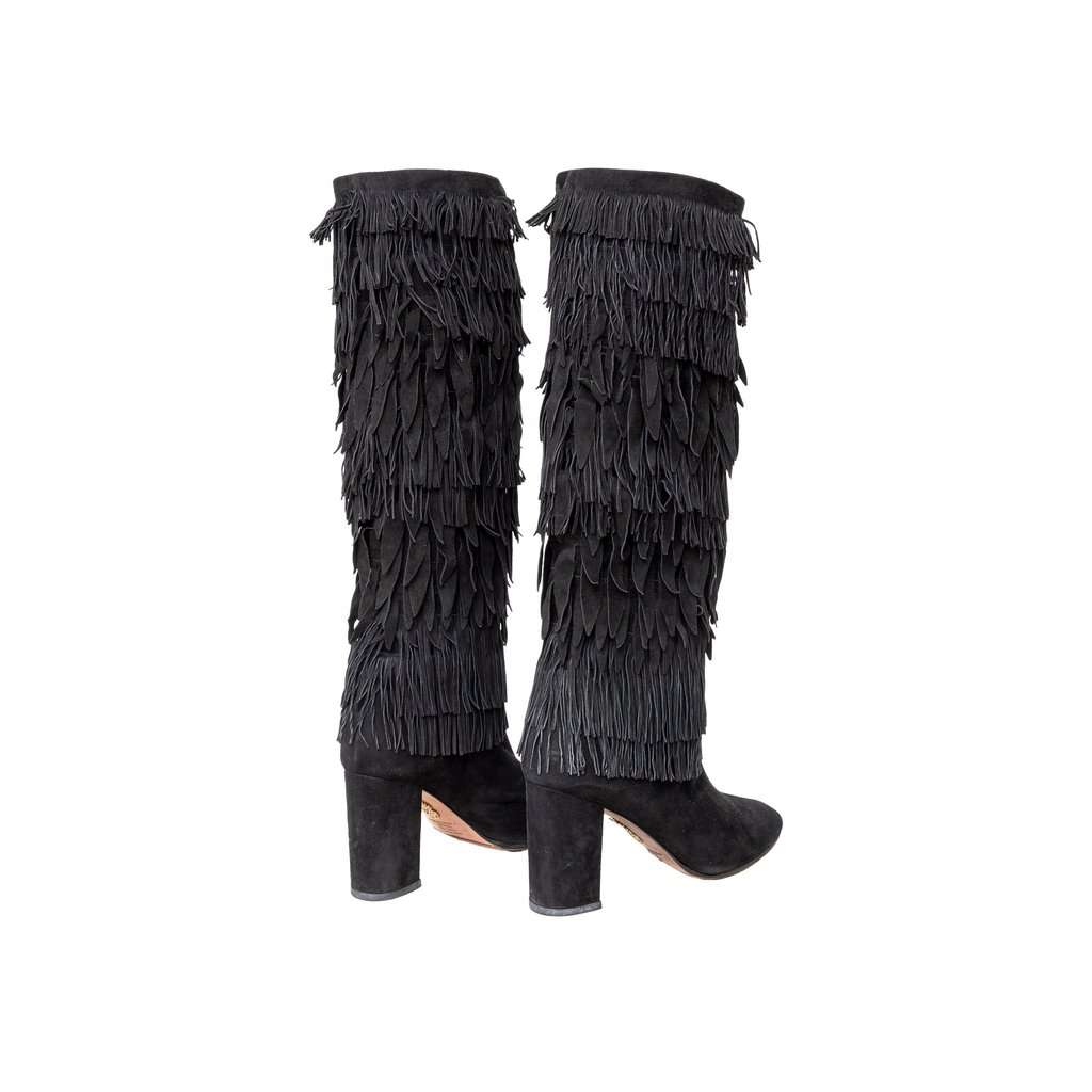 Aquazzura Fringed Boots - '10s Black Suede Good - Back View