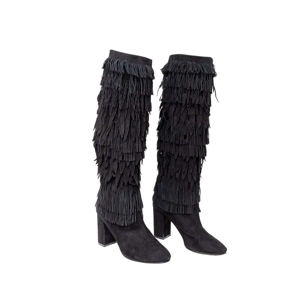 Aquazzura Fringed Boots - '10s Black Suede Good - Model View