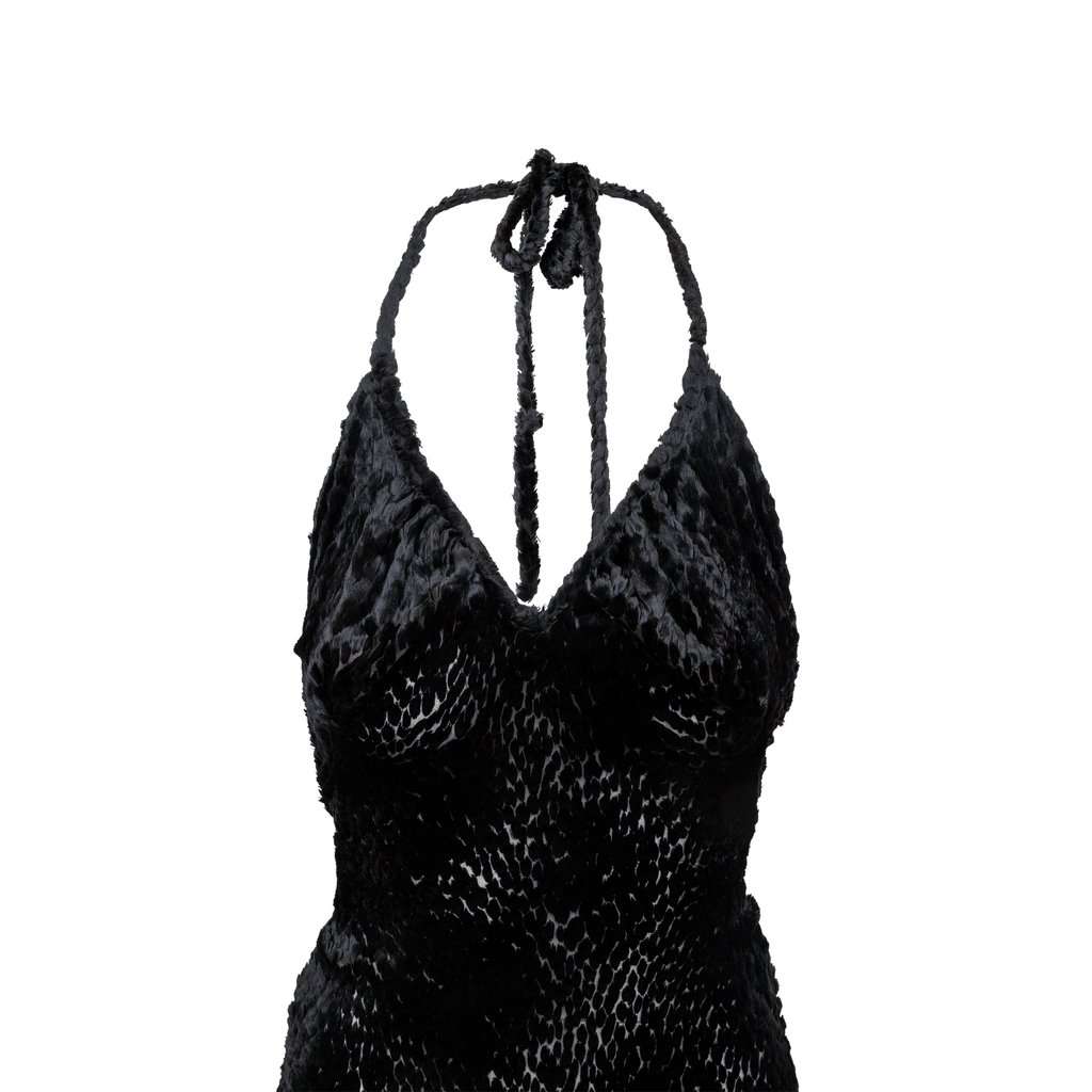 Vivienne Westwood Label Faux Fur Halter Dress - '90s Gold Silk Good - Inside View