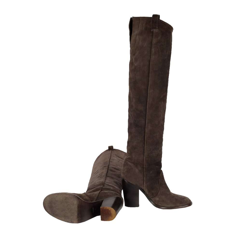 Unsigned Suede Over the Knee Dark Brown Boots - '20s Brown Suede Good - Model View
