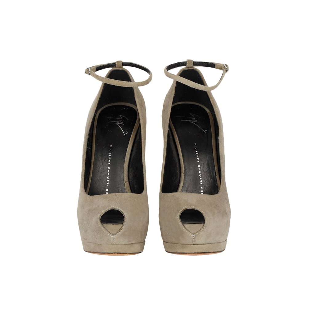 Giuseppe Zanotti Taupe Suede Platform Pumps with Ankle Closure - '20s Red Suede Good - Back View