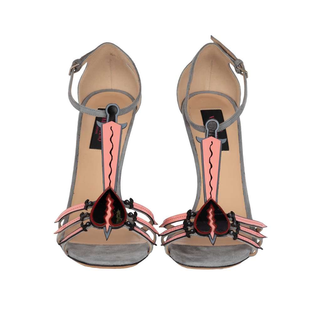Valentino Love Blade T Strap Sandals In Grey Suede - '10s Grey Suede Good - Back View