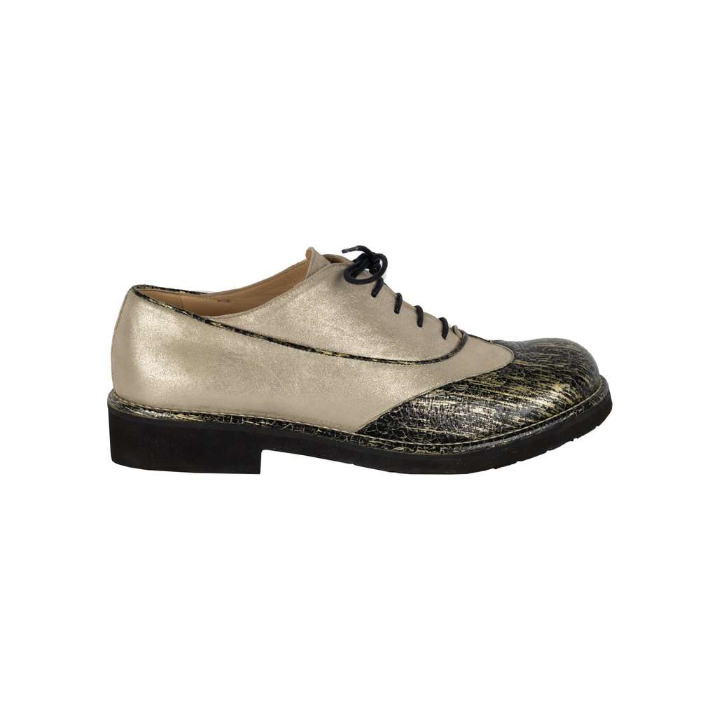 Chanel Two-tone Shimmer Lace-up Oxford Shoes - '10s Black Lace Good - Front View