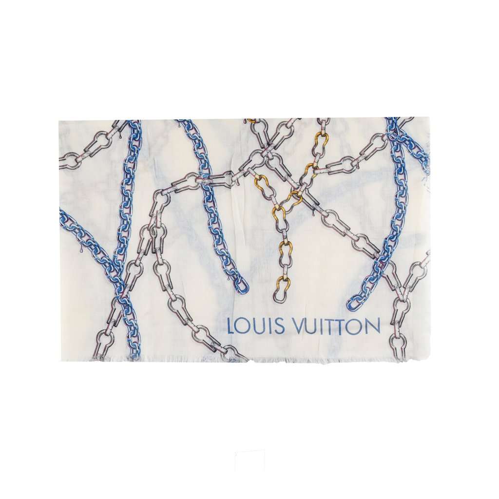 Louis Vuitton Multicolor Chain Print Scarf - '10s White Silk Good - Front View