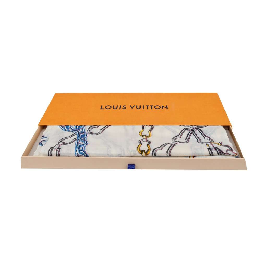 Louis Vuitton Multicolor Chain Print Scarf - '10s White Silk Good - Box View