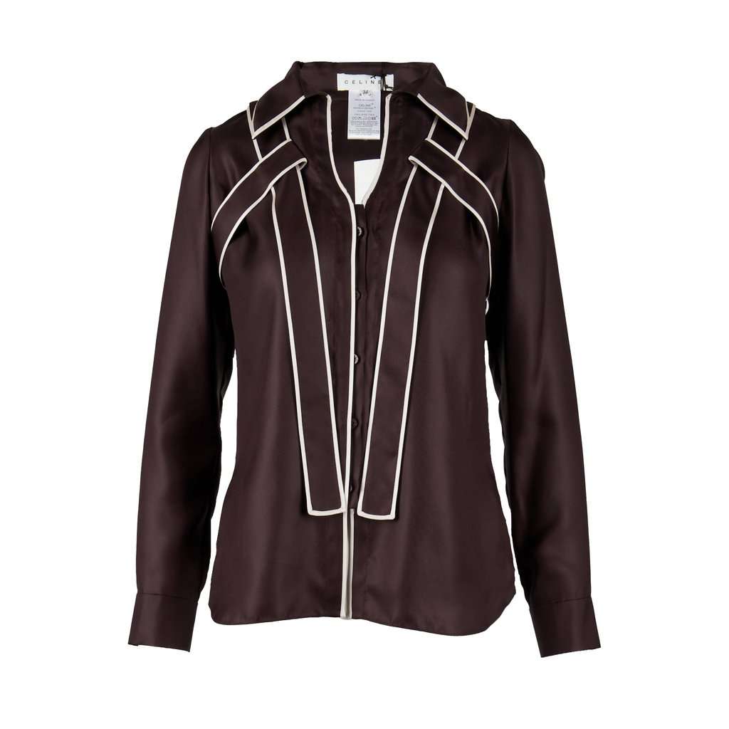 Celine Contrast Top with Collar - '10s Brown Silk Good - Front View