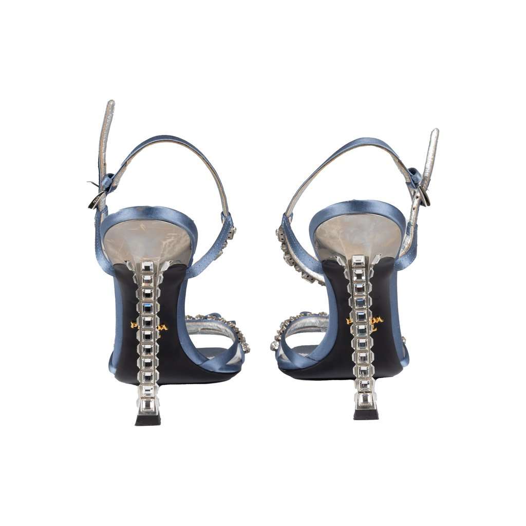 Prada Crystal-Embellished Satin Sandals - '10s Blue Satin Good - Model View