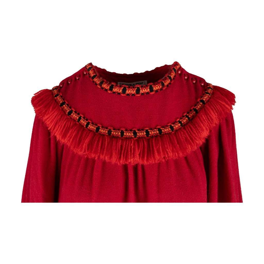 Saint Laurent Vintage Smock dress with Fringe - '70s Red Wool Good - Model View