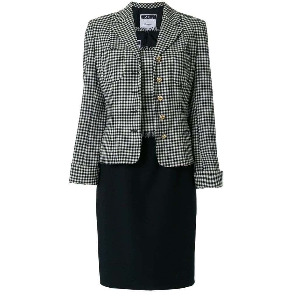 Moschino Black and White Skirt Suit - '90s Black Wool Good - Front View