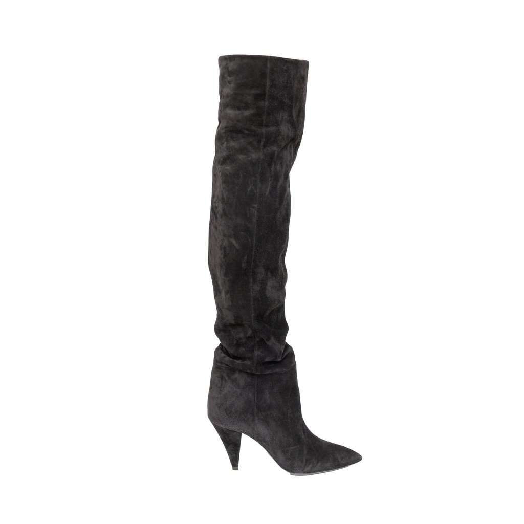 Saint Laurent 85 Over-the-Knee Suede Boots - '10s Black Suede Good - Front View