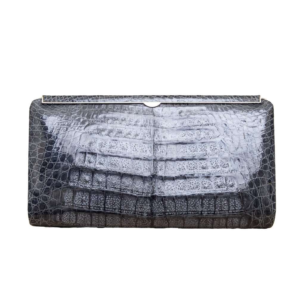 Unsigned Exotic Animal Leather Clutch - '90s Grey Leather Good - Front View