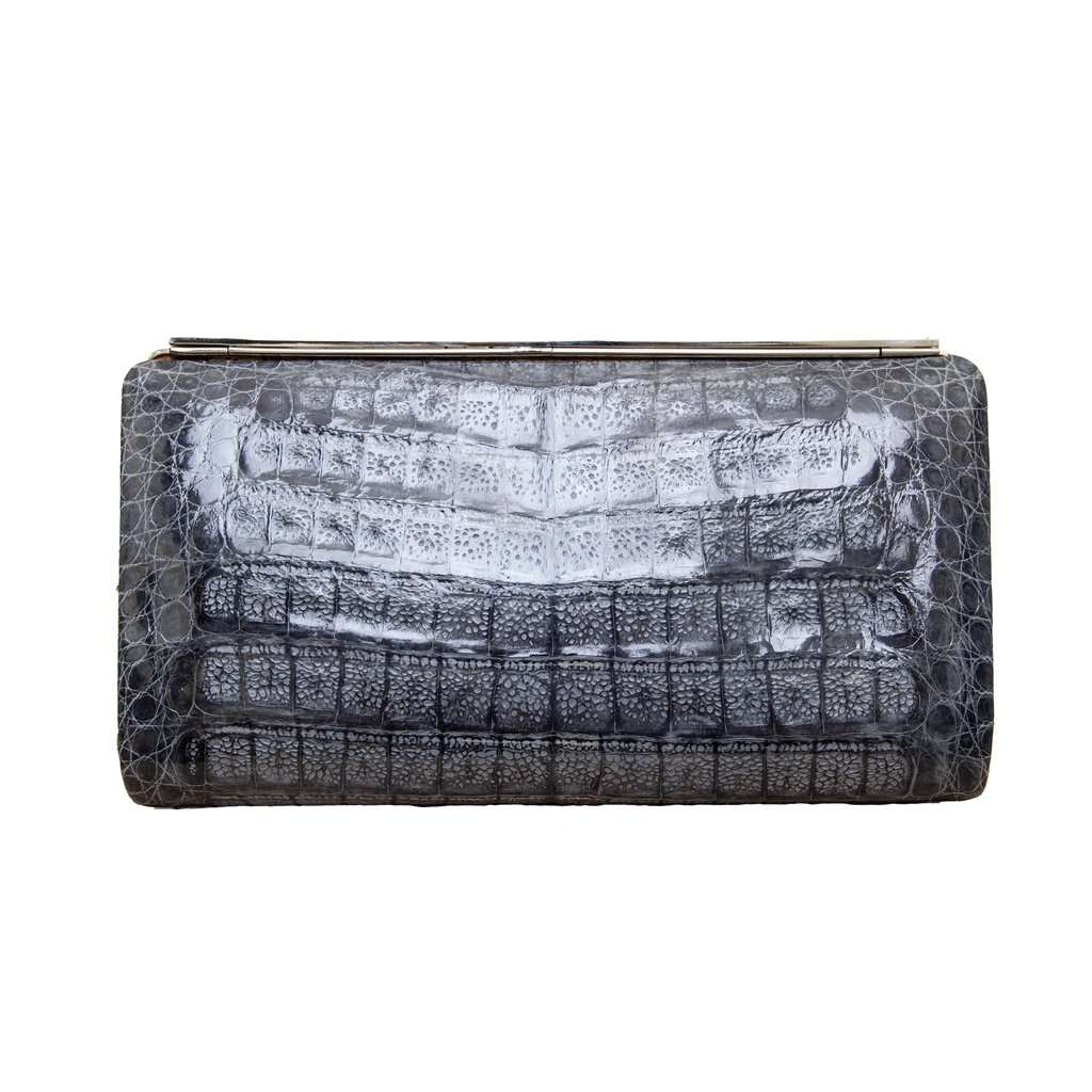 Unsigned Exotic Animal Leather Clutch - '90s Grey Leather Good - Back View
