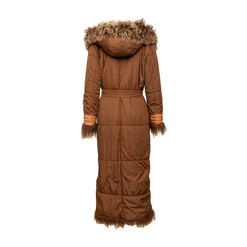 Unsigned Scervino Nylon Coat with Fur - '90s Brown Good - Model View