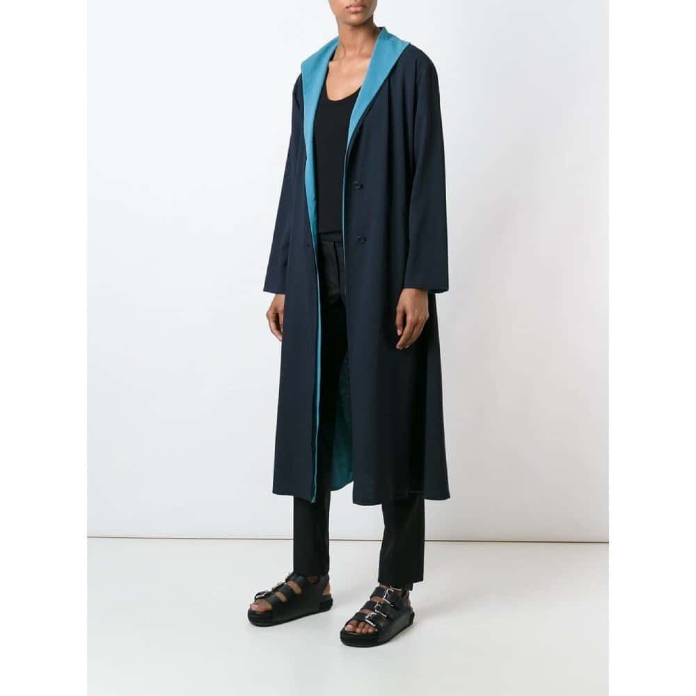 Issey Miyake Blue Reversible Overcoat - '90s Blue Wool Good - Model View