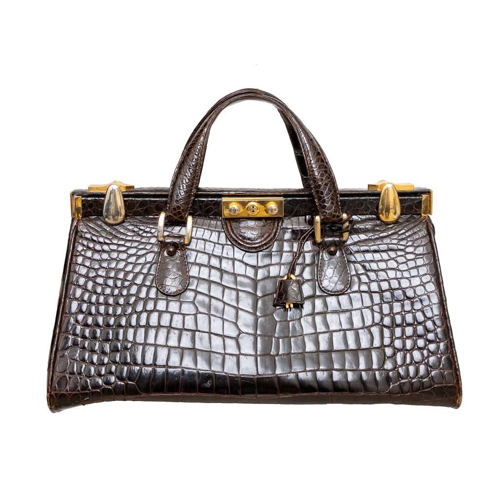 Unsigned Vintage Crocodile Leather Handbag - '90s Brown Leather Good - Front View