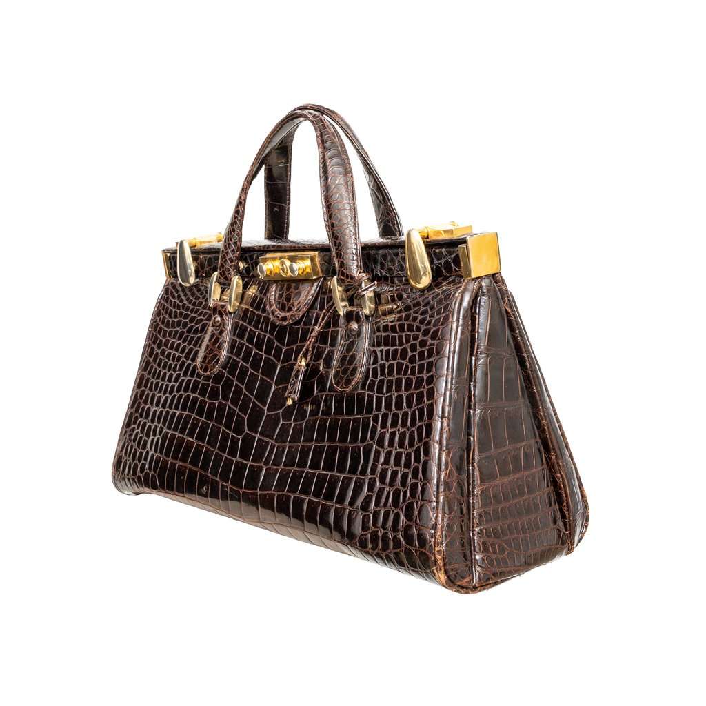 Unsigned Vintage Crocodile Leather Handbag - '90s Brown Leather Good - Back View