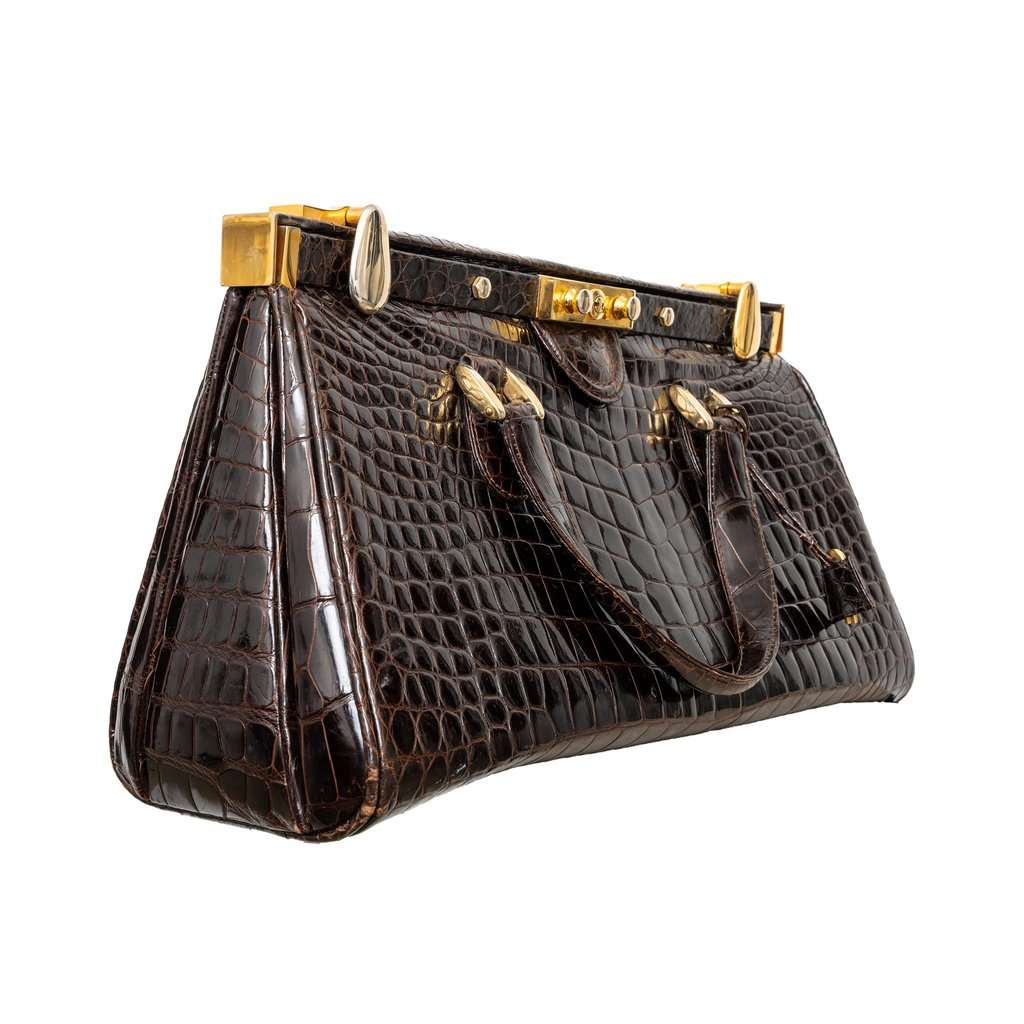 Unsigned Vintage Crocodile Leather Handbag - '90s Brown Leather Good - Box View