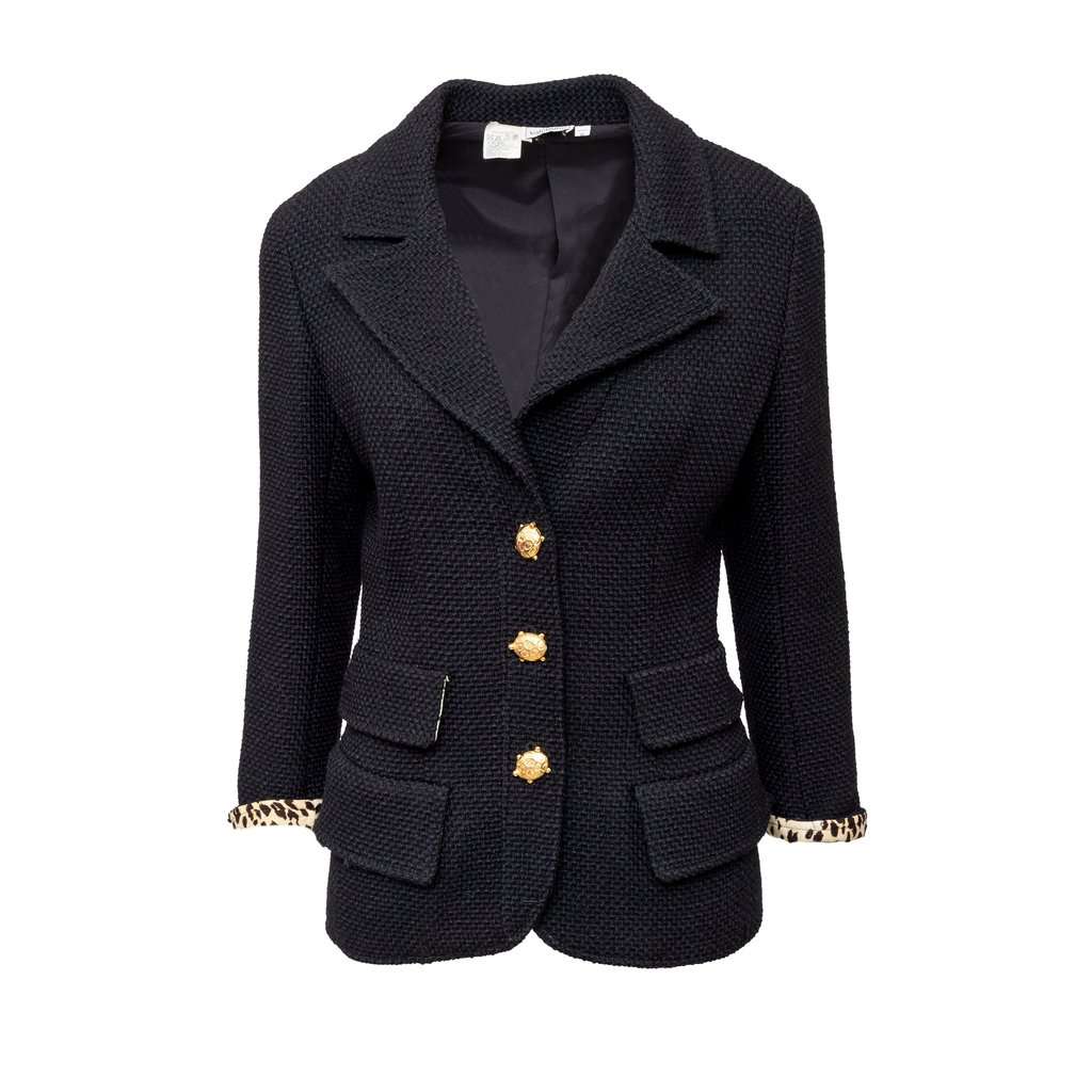 Valentino Boutique Wool Set with Turtle Buttons - '90s Black Wool Good - Model View