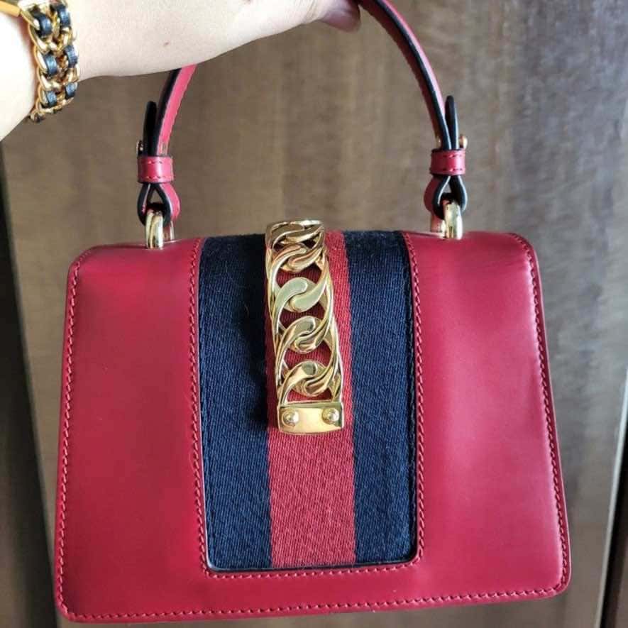 Gucci Mini Sylvie Top Handle Red Leather Gold Good - Inside View