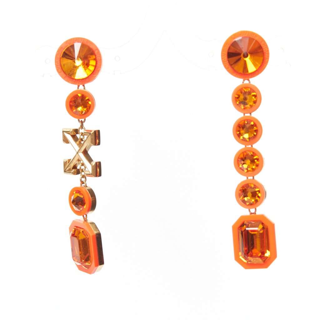 Off-White Neon Rhinestone Earrings Orange Metal Very good condition - Back View