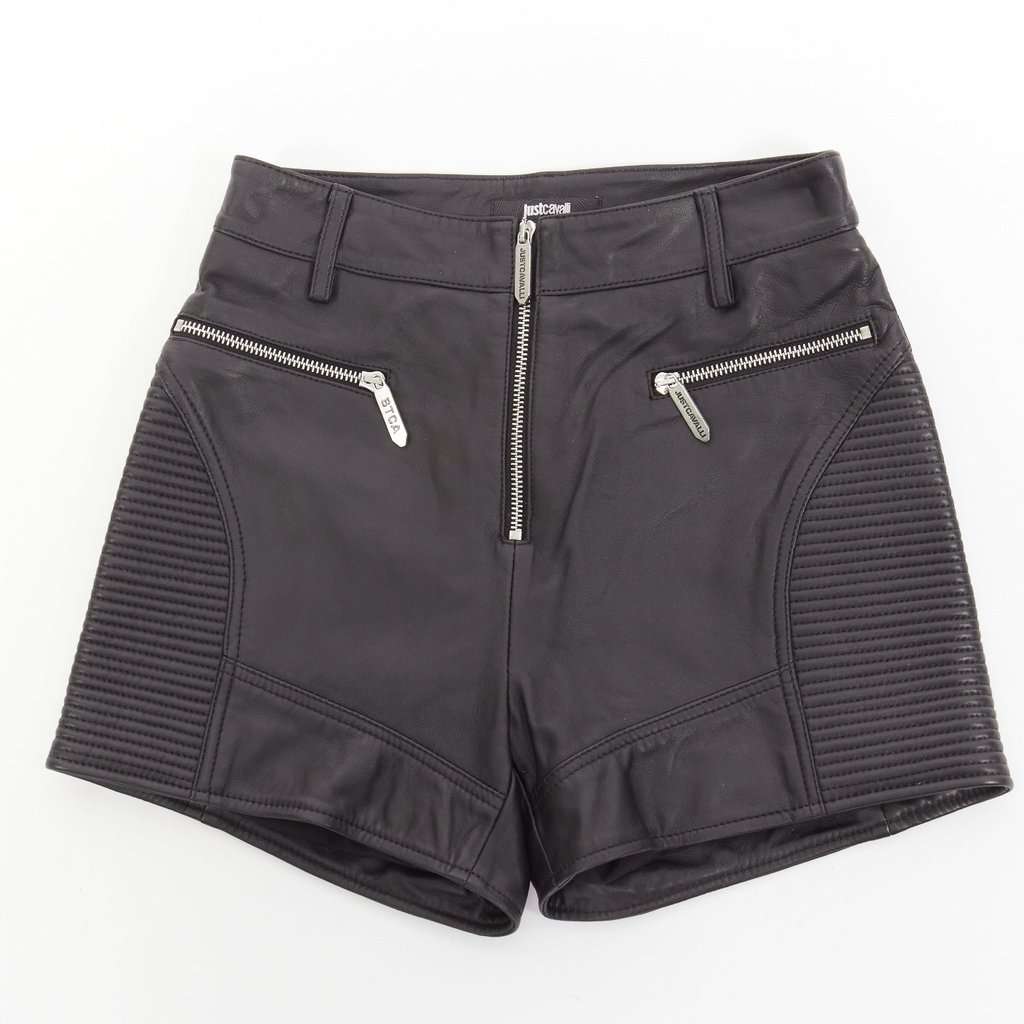 Just Cavalli Motorcycle Ribbed Shorts Black Leather Very good condition - Front View