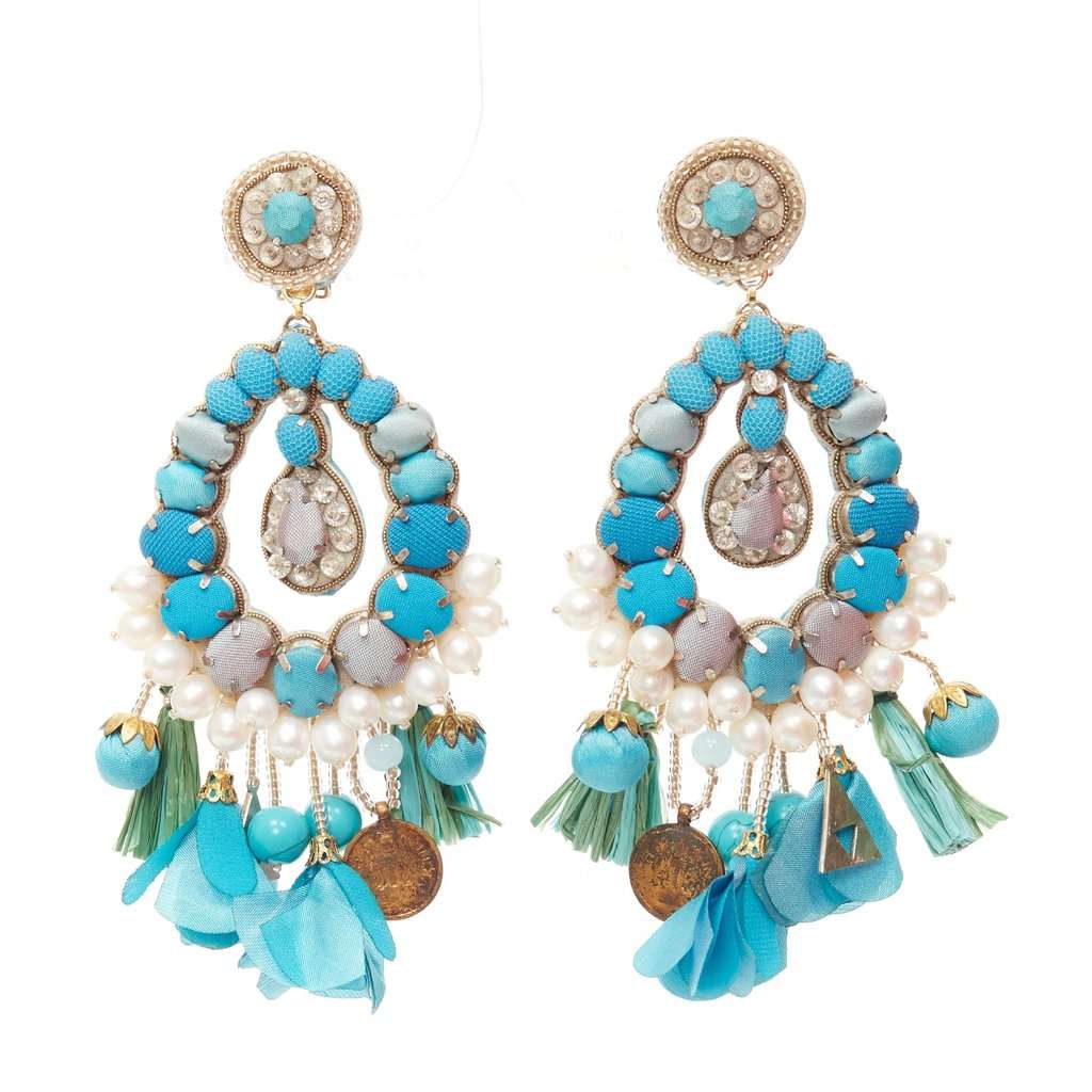 Ranjana Khan Pearl Stone Earrings Green Metal Fair condition - Front View