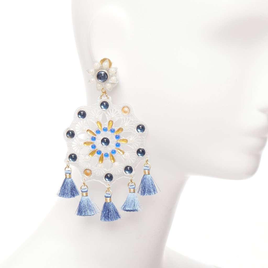 Mercedes Salazar Acrylic Tassel Earrings White Plastic Fair condition - Back View
