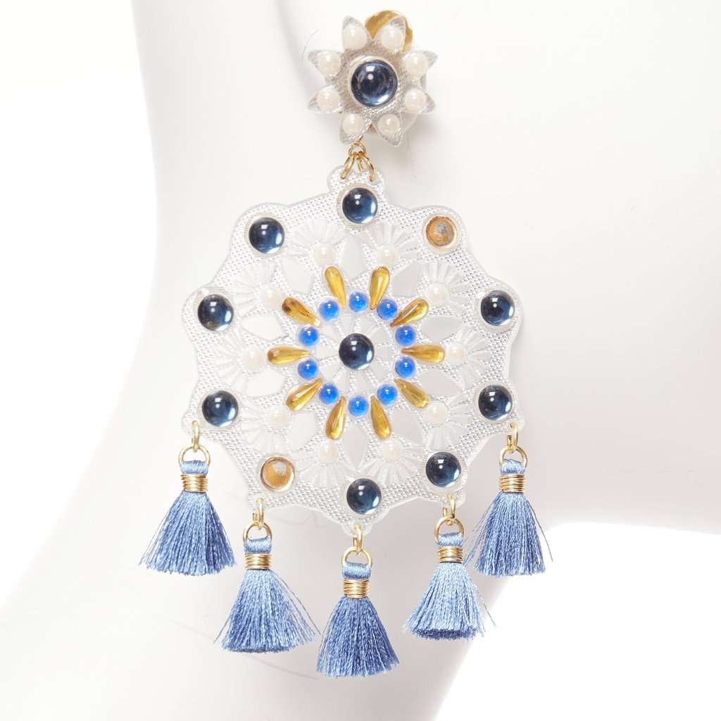 Mercedes Salazar Acrylic Tassel Earrings White Plastic Fair condition - Model View