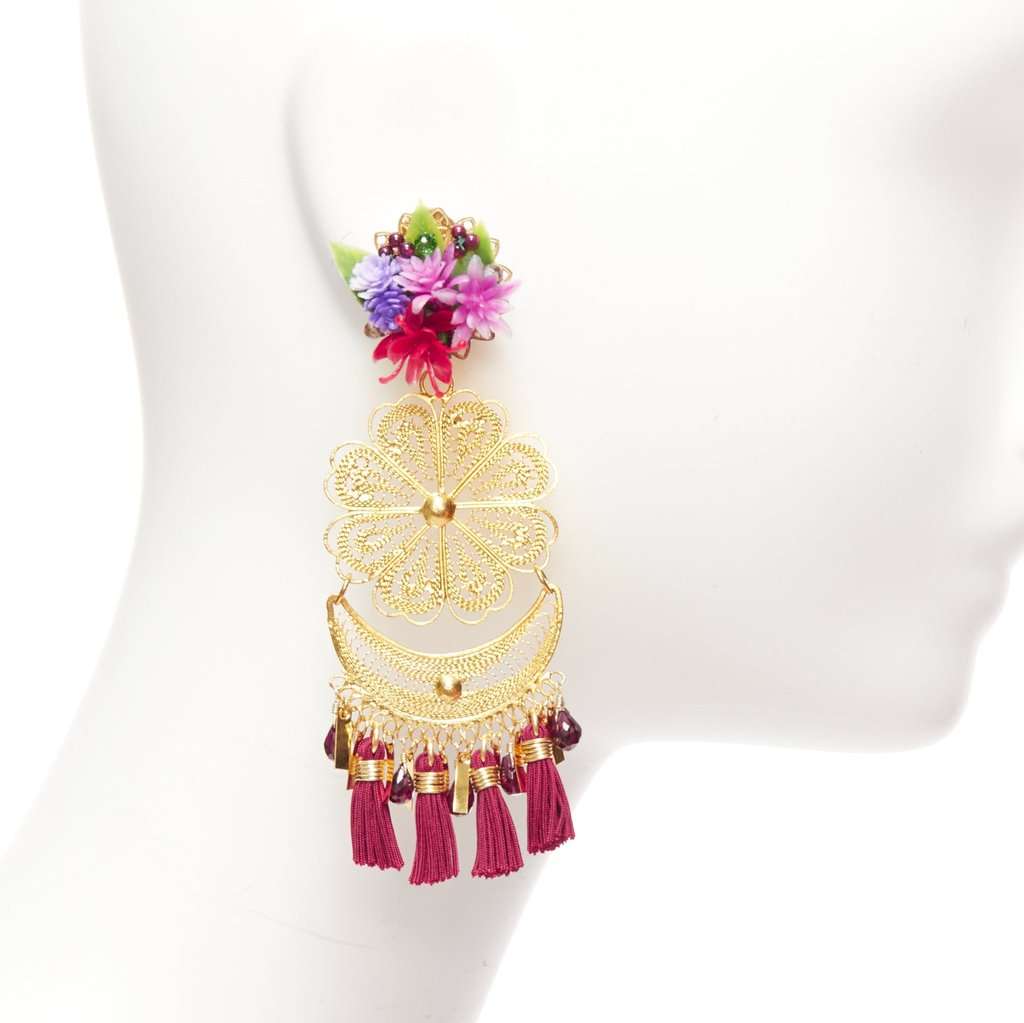 Mercedes Salazar Flower Tassel Earrings MultiColor Metal Very good condition - Model View
