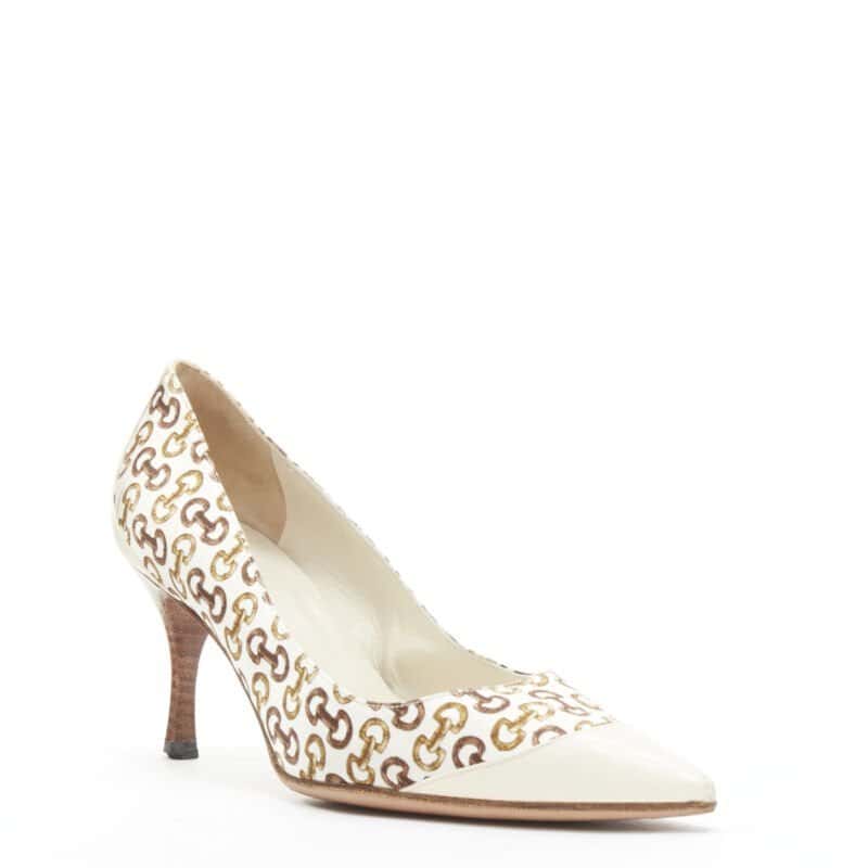 Gucci White Horsebit Pumps Beige Polyester Good condition - Back View