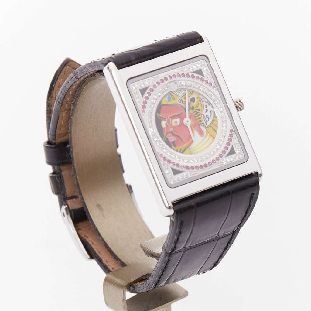 Unsigned Limited Edition Guan Yu 18K White Gold Diamond Ruby Watch Black White Gold Fair condition - Back View