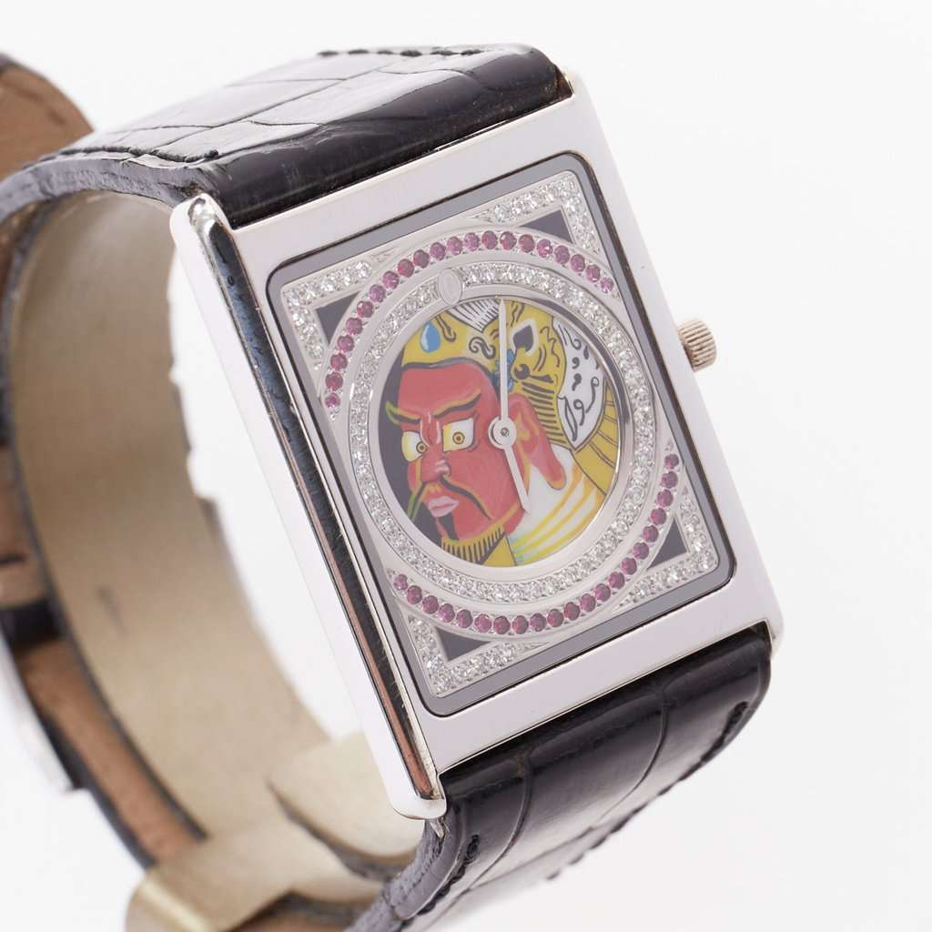 Unsigned Limited Edition Guan Yu 18K White Gold Diamond Ruby Watch Black White Gold Fair condition - Box View