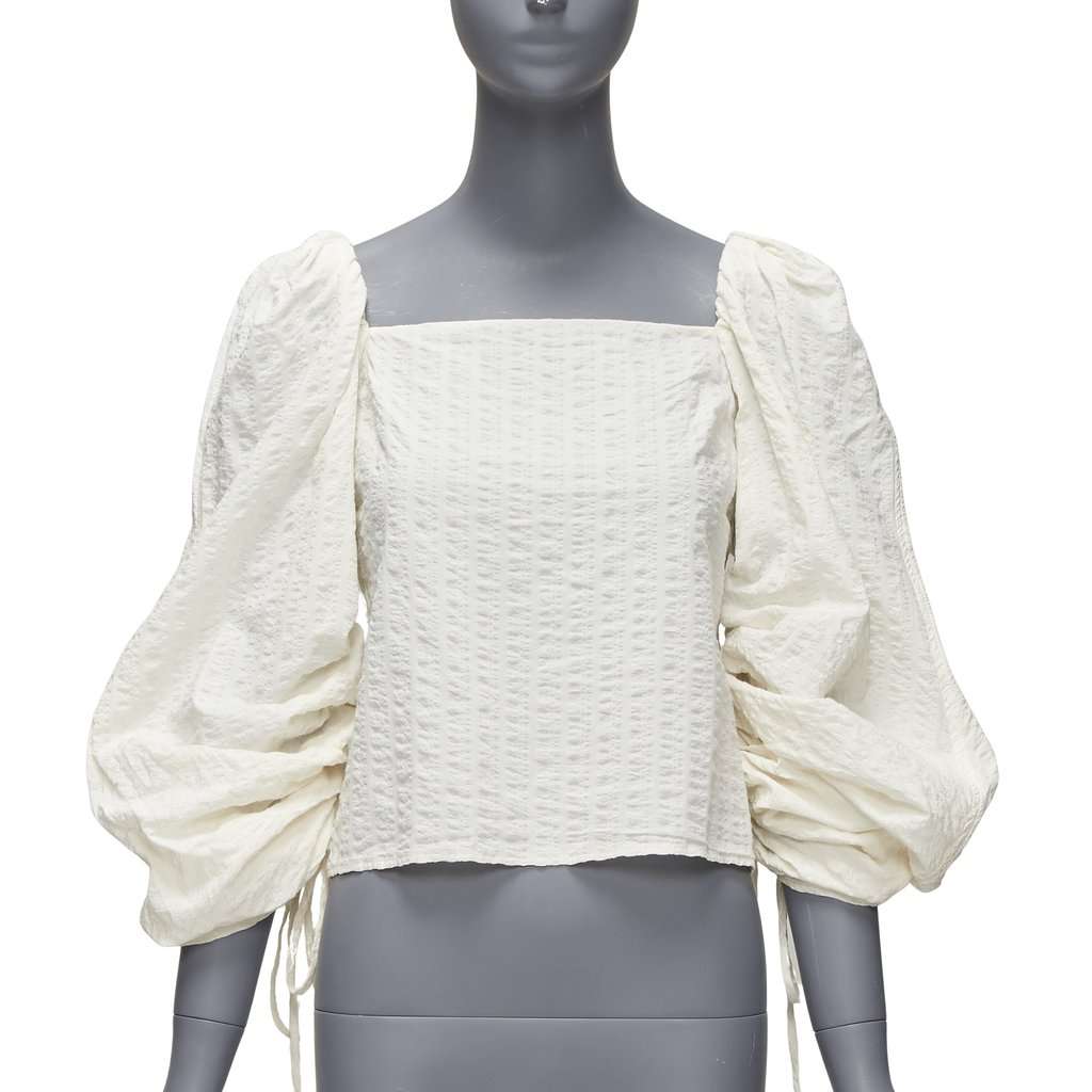 REJINA PYO Ruched Peasant Top Beige Cotton Never worn - Front View