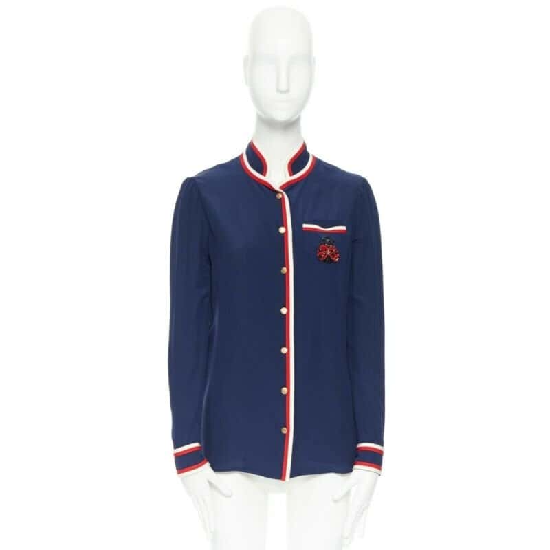 Gucci Ladybug Brooch Shirt Blue Silk Very good condition - Inside View