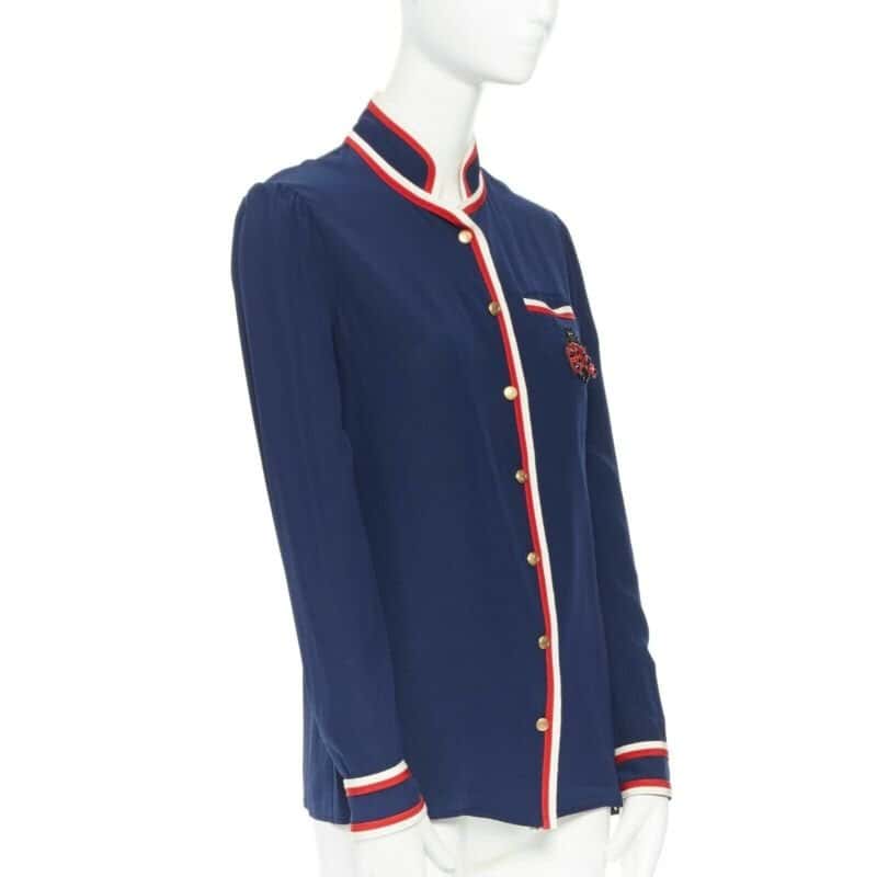 Gucci Ladybug Brooch Shirt Blue Silk Very good condition - Model View