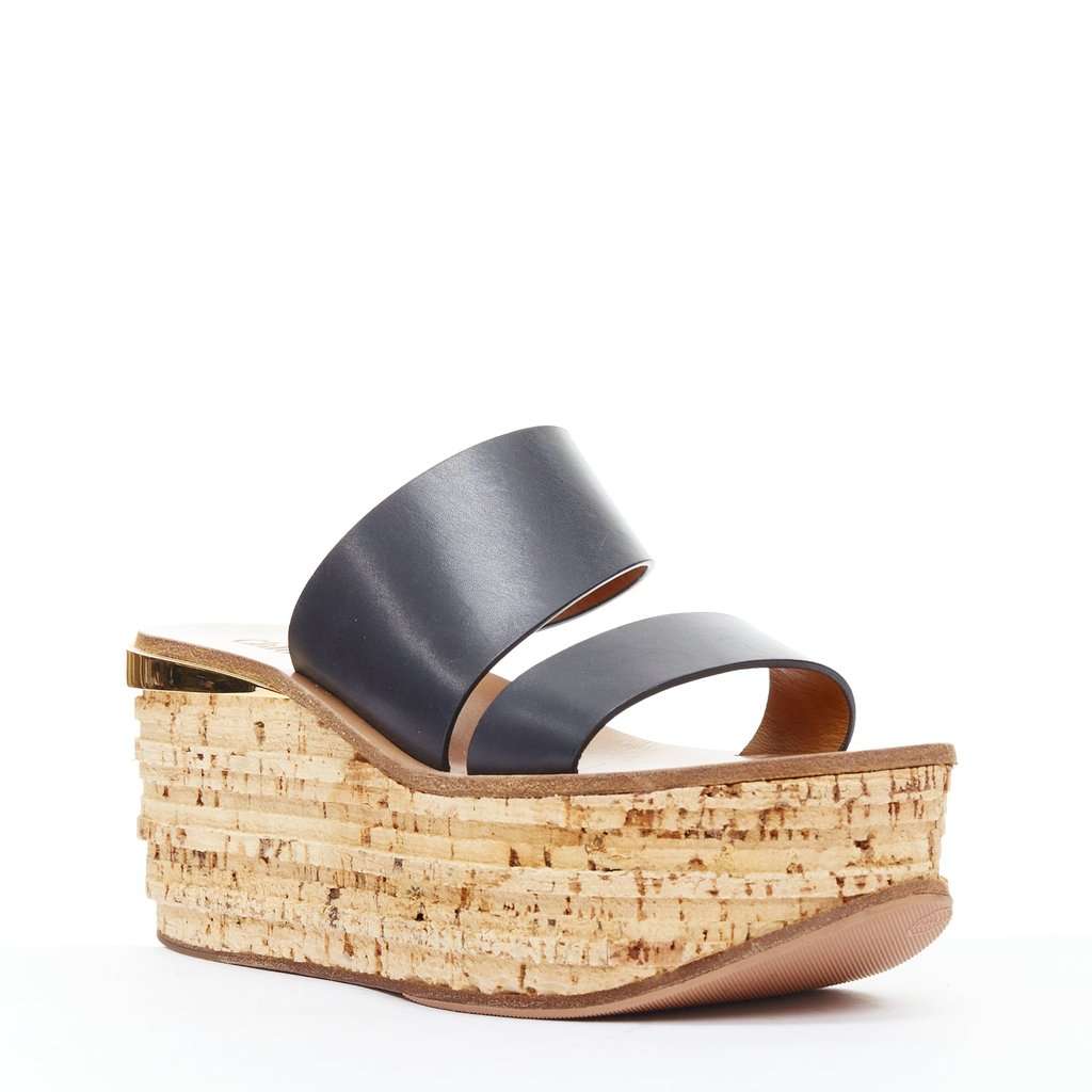 Chloé Cork Wedge Sandals Navy Leather Very good condition - Back View