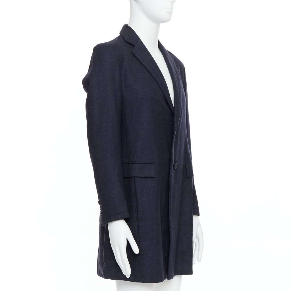 Giuliano Fujiwara Grey Checked Boxy Coat Navy Wool Good - Inside View