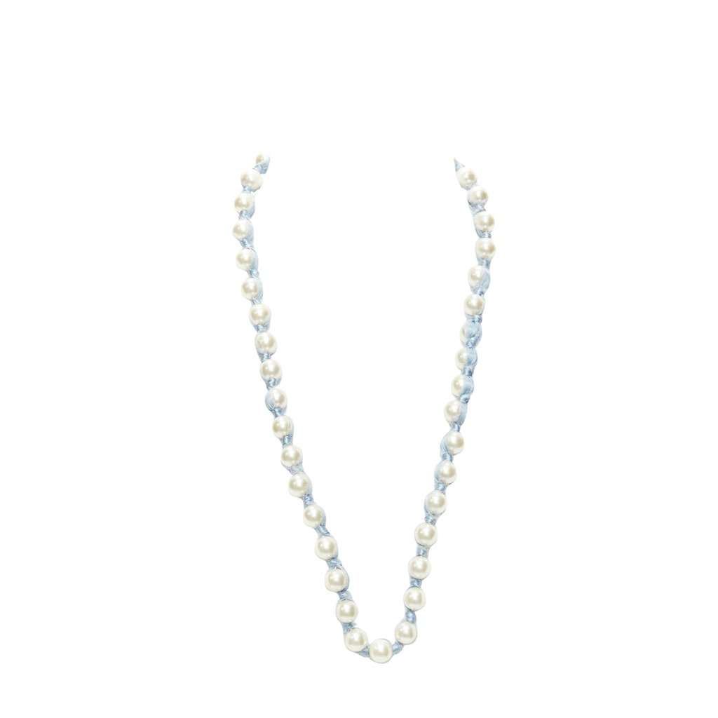 Lanvin Silk Ribbon Necklace Blue Pearl Never worn - Front View