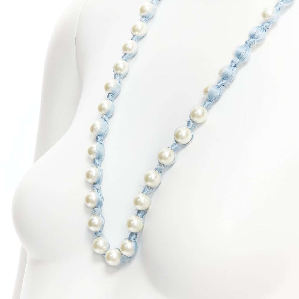 Lanvin Silk Ribbon Necklace Blue Pearl Never worn - Back View