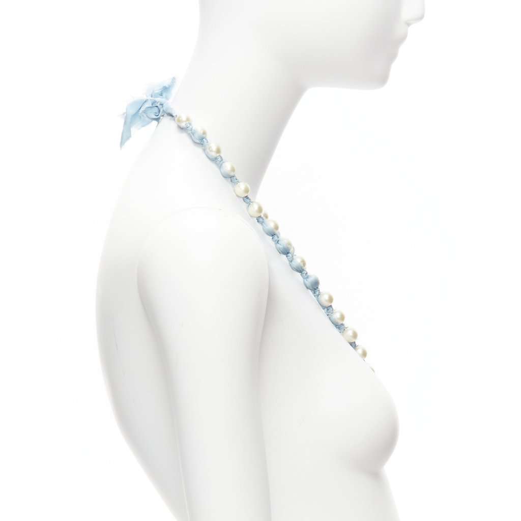 Lanvin Silk Ribbon Necklace Blue Pearl Never worn - Model View