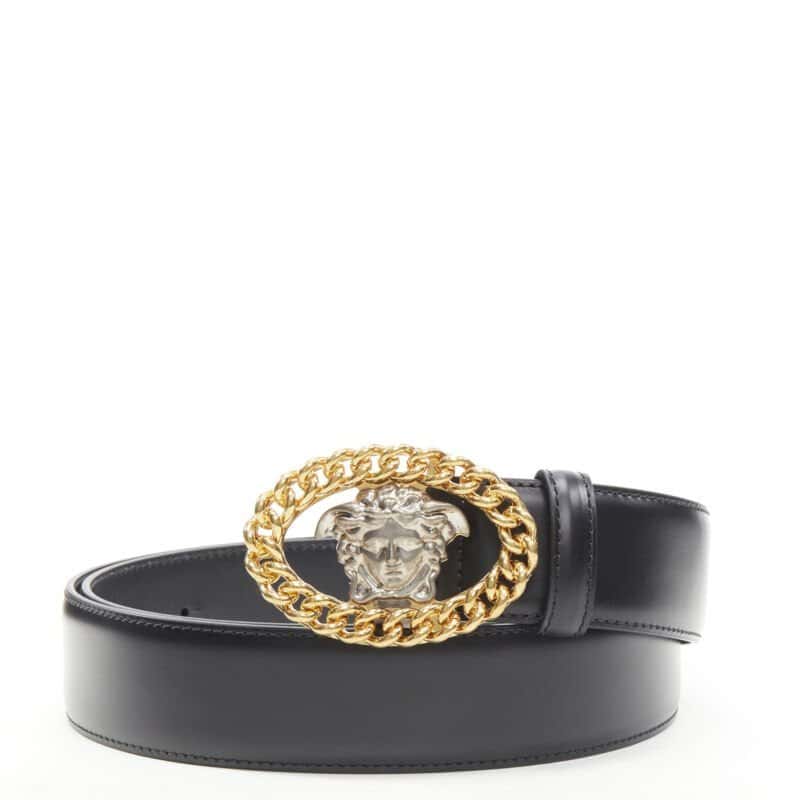 Versace Scaled Blue Leather Belt Black Leather Never worn, with tag - Front View