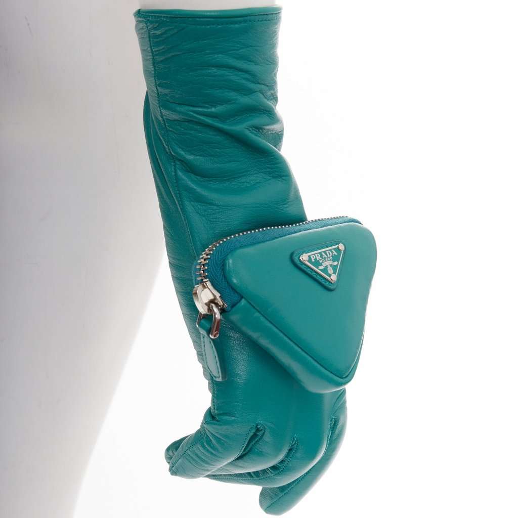 Prada Turquoise Leather Gloves Turquoise Leather Never worn, with tag - Back View