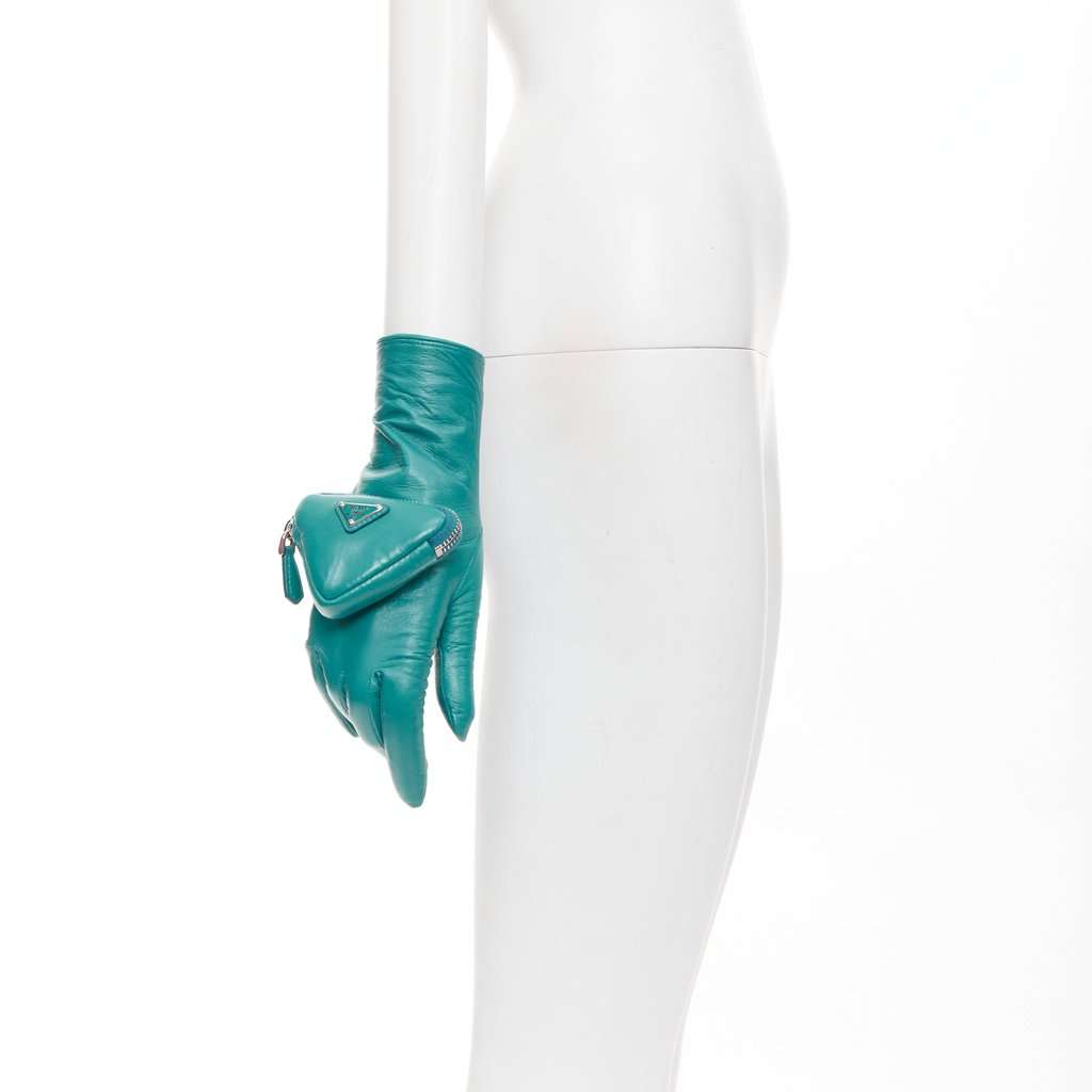 Prada Turquoise Leather Gloves Turquoise Leather Never worn, with tag - Model View